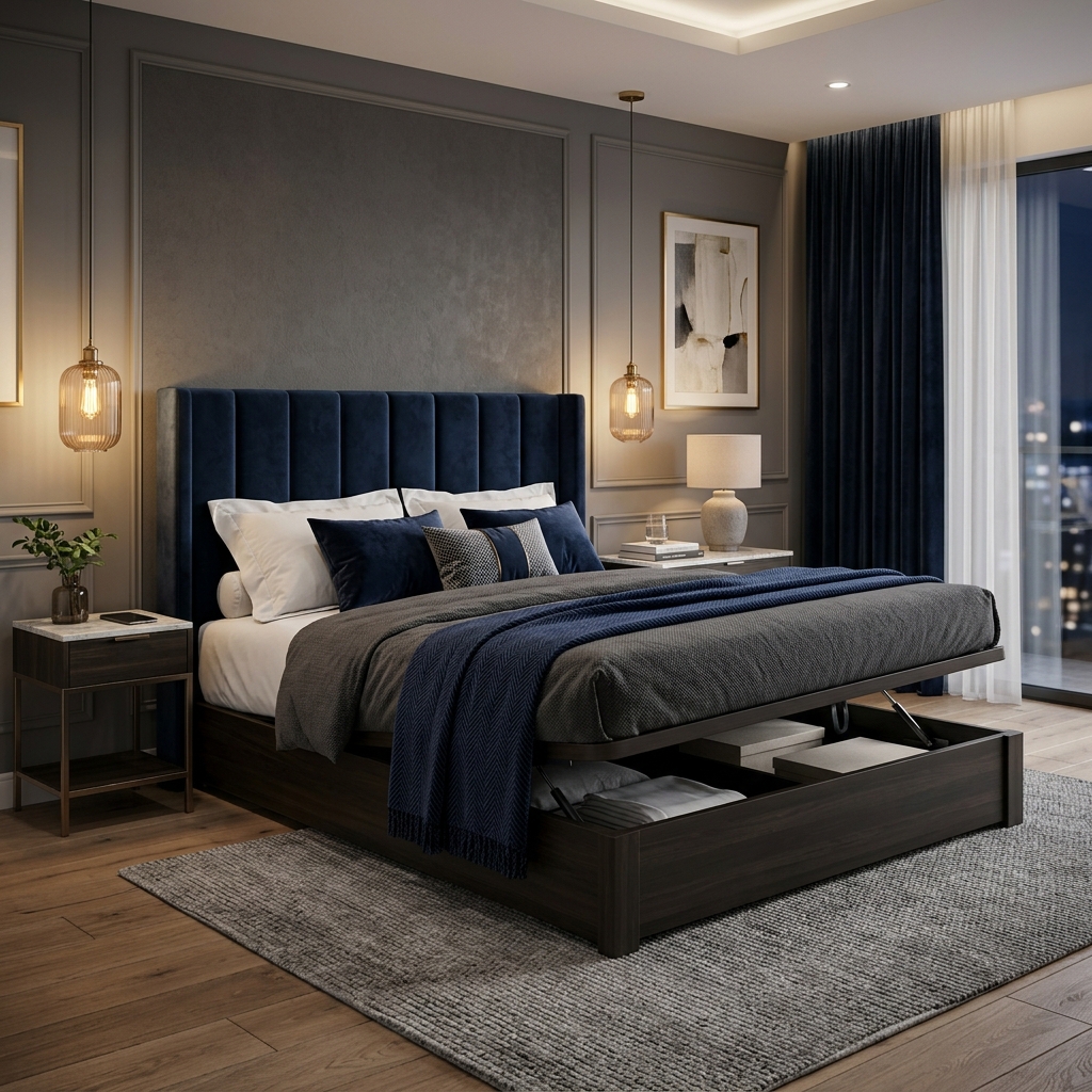 Custom statement bed with upholstered headboard by AK Interiors