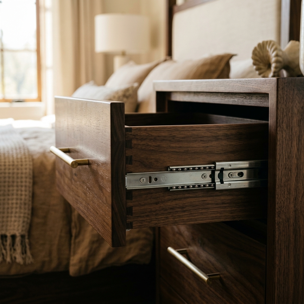 Premium Bedroom Drawer Slides and Walnut Wood finish by AK Interiors