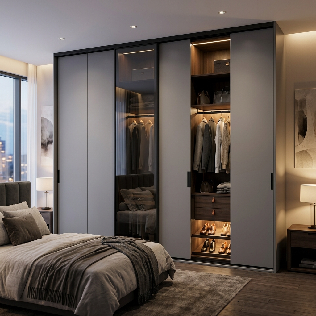 Internal wardrobe organization showing LED lights and drawers