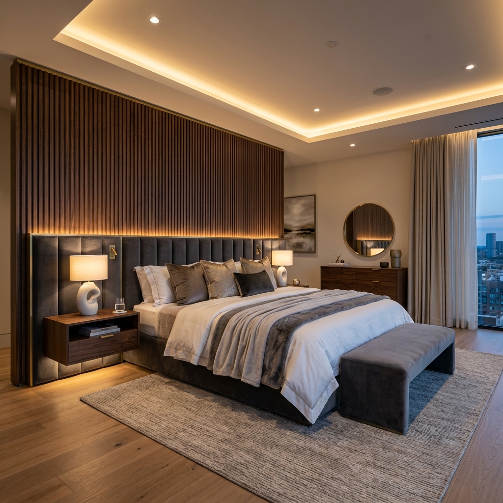 Luxury Master Bedroom with Fluted Paneling by AK Interiors in Bhubaneswar