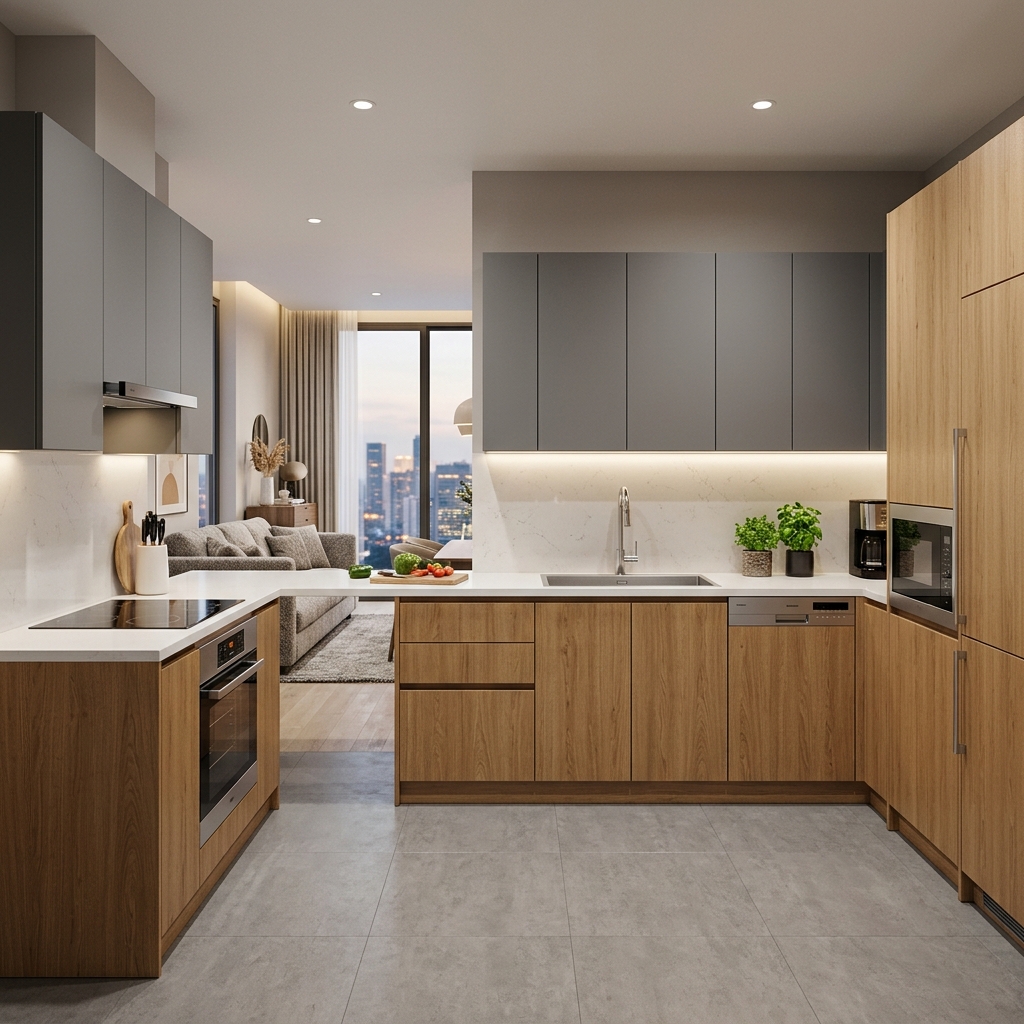 L-Shaped Modular Kitchen Layout by AK Interiors