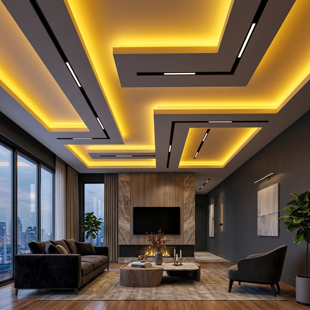 Elegant multi-layered Gypsum false ceiling design with warm profile lighting in Bhubaneswar