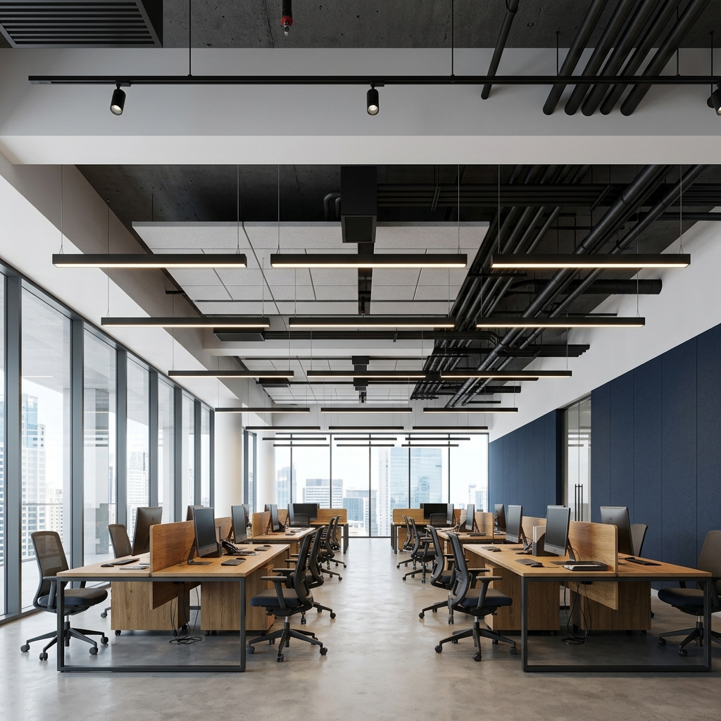 Modern exposed ceiling with suspended linear LED panel lights